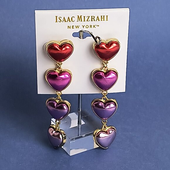 Four Heart Linear Drop Chunky Post Push Back Earrings Multi Gold Tone Statement - Picture 1 of 7